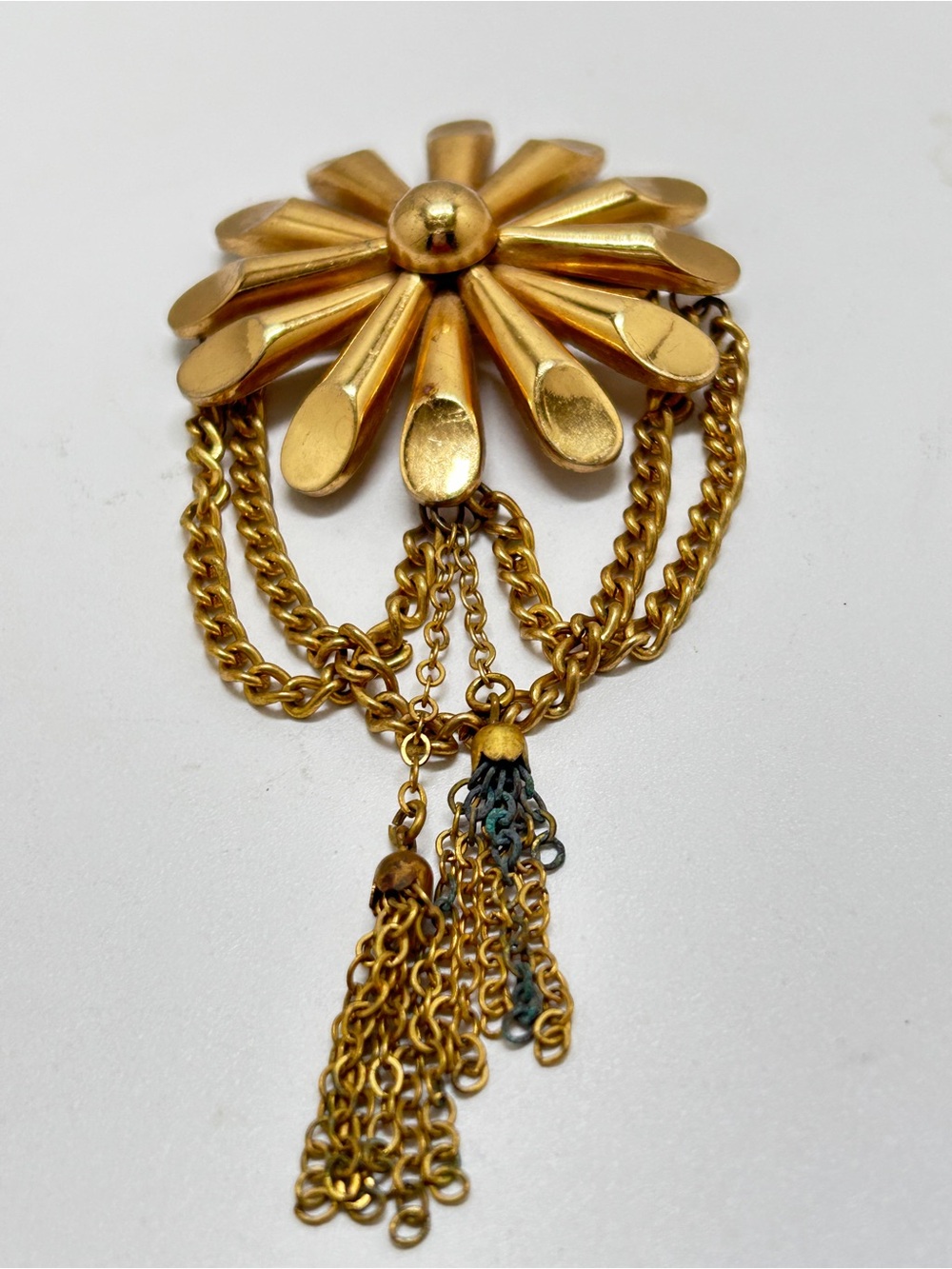 Coro, Vintage Gold Sunflower Floral Brooch, Cascading Chains, Tassel 1950’s